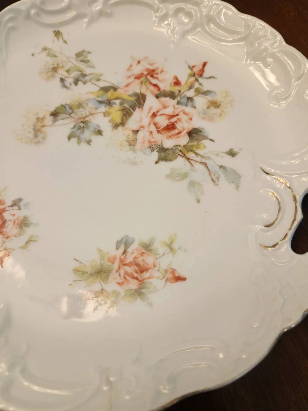 Source Unknown White Porcelain Serving Platter with Pink and Green Rose Motif